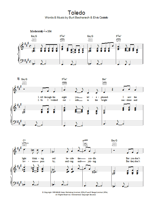 Elvis Costello & Burt Bacharach Toledo Sheet Music Notes & Chords for Piano, Vocal & Guitar (Right-Hand Melody) - Download or Print PDF