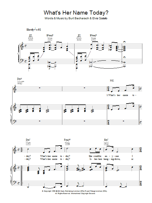 Elvis Costello & Burt Bacharach What's Her Name Today? Sheet Music Notes & Chords for Piano, Vocal & Guitar (Right-Hand Melody) - Download or Print PDF