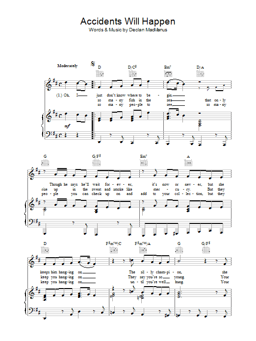 Elvis Costello Accidents Will Happen Sheet Music Notes & Chords for Piano, Vocal & Guitar (Right-Hand Melody) - Download or Print PDF