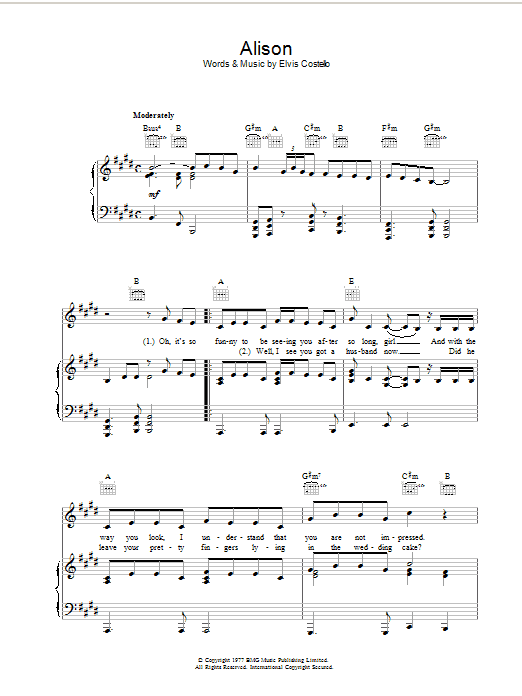 Elvis Costello Alison Sheet Music Notes & Chords for Piano, Vocal & Guitar (Right-Hand Melody) - Download or Print PDF