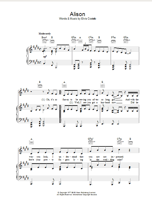 Elvis Costello Alison Sheet Music Notes & Chords for Easy Guitar with TAB - Download or Print PDF