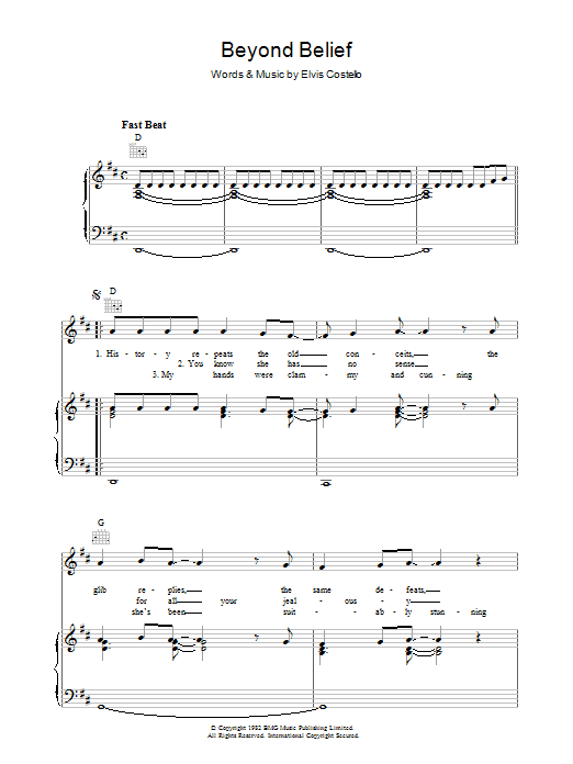 Elvis Costello Beyond Belief Sheet Music Notes & Chords for Piano, Vocal & Guitar (Right-Hand Melody) - Download or Print PDF
