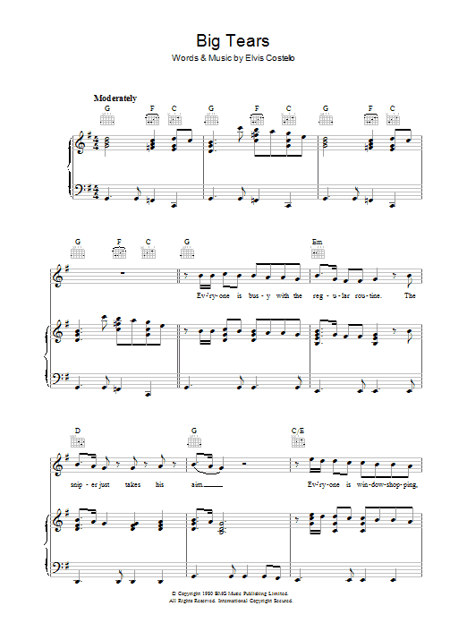 Elvis Costello Big Tears Sheet Music Notes & Chords for Piano, Vocal & Guitar (Right-Hand Melody) - Download or Print PDF