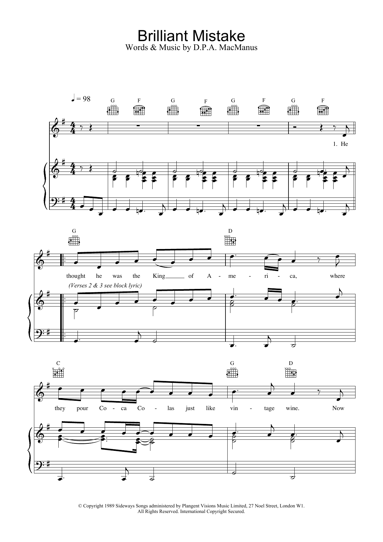 Elvis Costello Brilliant Mistake Sheet Music Notes & Chords for Piano, Vocal & Guitar (Right-Hand Melody) - Download or Print PDF