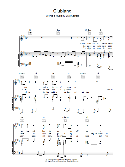 Elvis Costello Clubland Sheet Music Notes & Chords for Piano, Vocal & Guitar (Right-Hand Melody) - Download or Print PDF