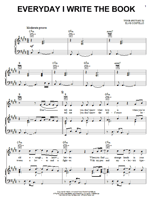Elvis Costello Everyday I Write The Book Sheet Music Notes & Chords for Piano, Vocal & Guitar (Right-Hand Melody) - Download or Print PDF