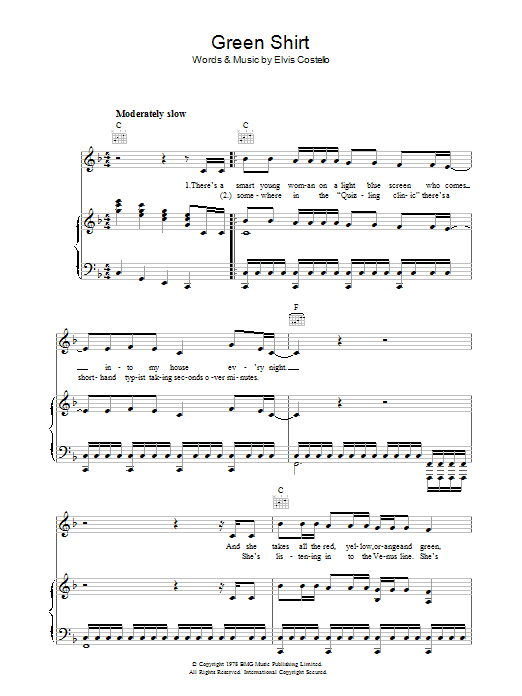 Elvis Costello Green Shirt Sheet Music Notes & Chords for Piano, Vocal & Guitar (Right-Hand Melody) - Download or Print PDF