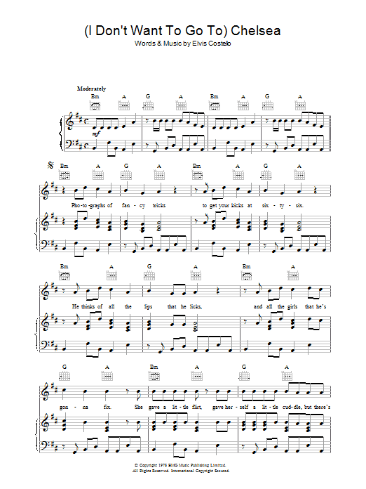 Elvis Costello (I Don't Want To) Go To Chelsea Sheet Music Notes & Chords for Piano, Vocal & Guitar (Right-Hand Melody) - Download or Print PDF