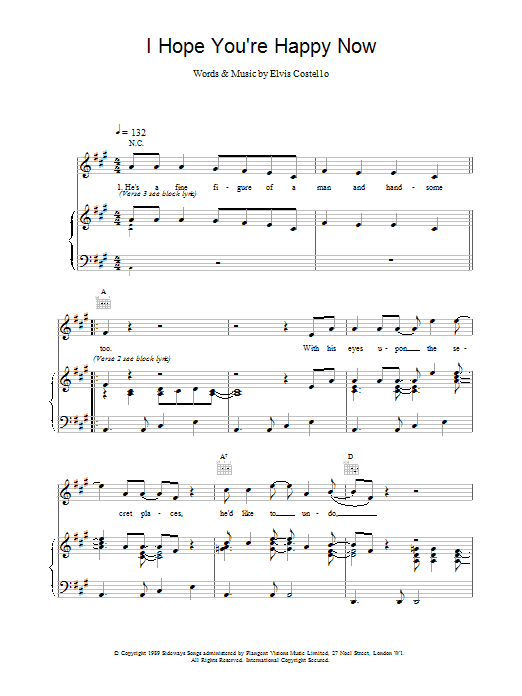 Elvis Costello I Hope You're Happy Now Sheet Music Notes & Chords for Piano, Vocal & Guitar (Right-Hand Melody) - Download or Print PDF