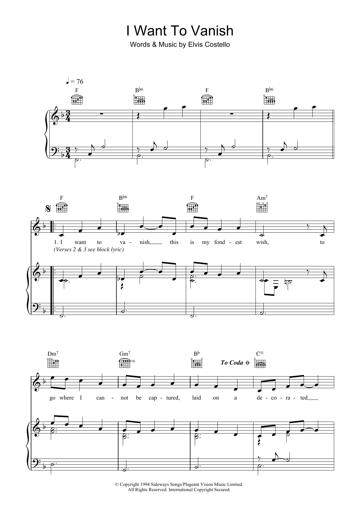 Elvis Costello I Want To Vanish Sheet Music Notes & Chords for Piano, Vocal & Guitar (Right-Hand Melody) - Download or Print PDF