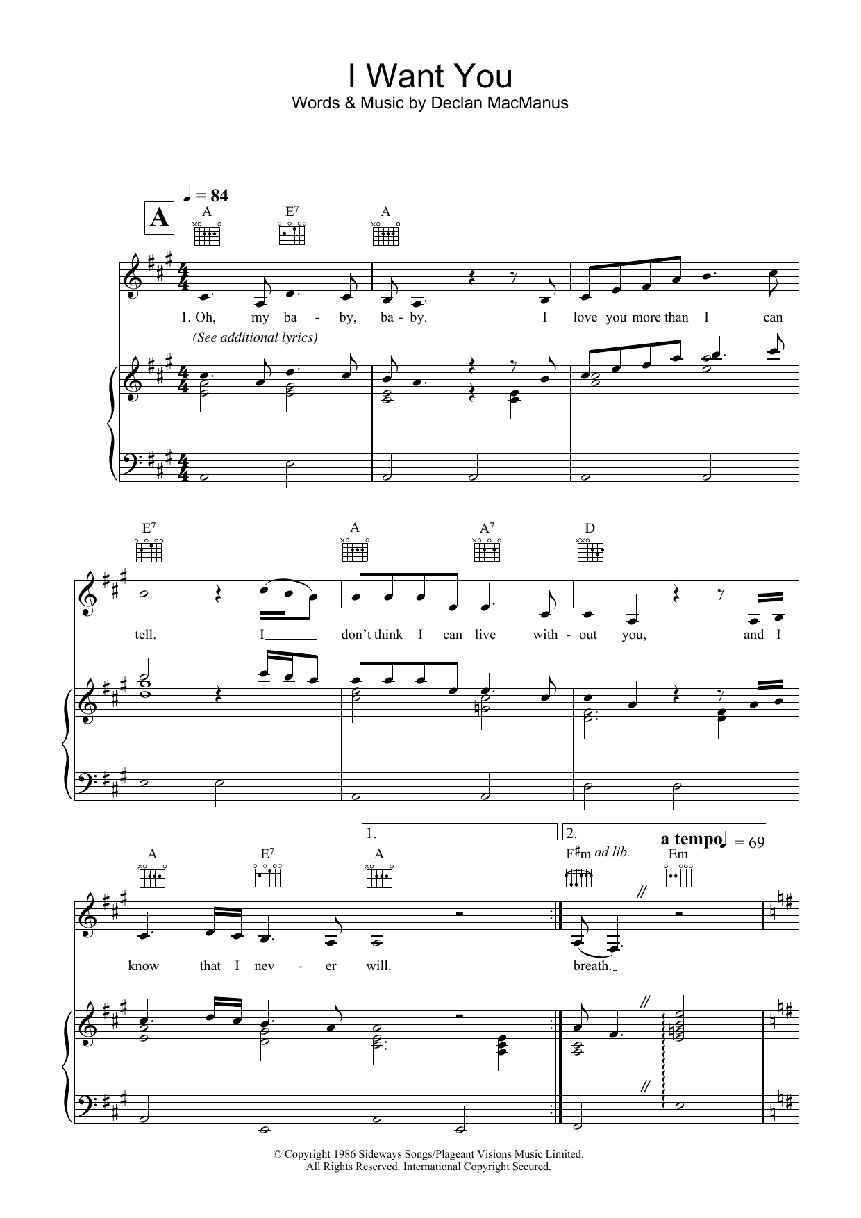 Elvis Costello I Want You Sheet Music Notes & Chords for Piano, Vocal & Guitar (Right-Hand Melody) - Download or Print PDF