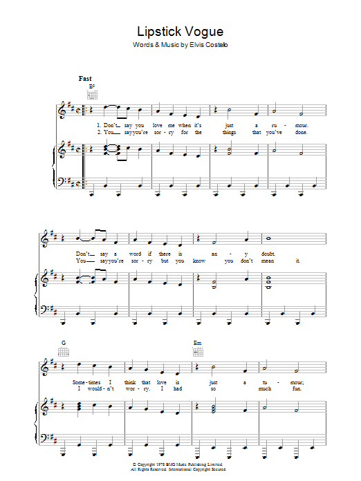 Elvis Costello Lipstick Vogue Sheet Music Notes & Chords for Piano, Vocal & Guitar (Right-Hand Melody) - Download or Print PDF