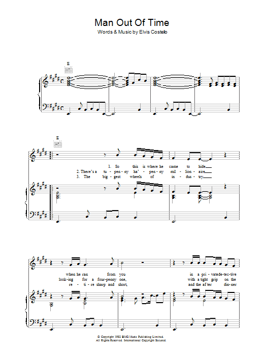 Elvis Costello Man Out Of Time Sheet Music Notes & Chords for Piano, Vocal & Guitar (Right-Hand Melody) - Download or Print PDF