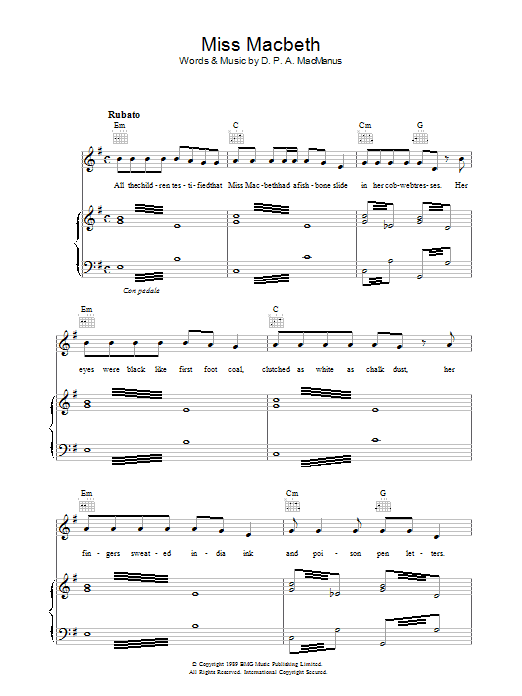 Elvis Costello Miss Macbeth Sheet Music Notes & Chords for Piano, Vocal & Guitar (Right-Hand Melody) - Download or Print PDF