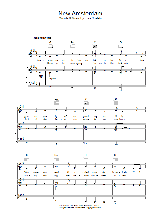 Elvis Costello New Amsterdam Sheet Music Notes & Chords for Piano, Vocal & Guitar (Right-Hand Melody) - Download or Print PDF