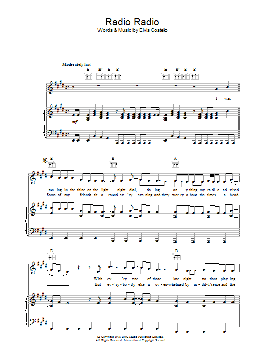 Elvis Costello Radio, Radio Sheet Music Notes & Chords for Piano, Vocal & Guitar (Right-Hand Melody) - Download or Print PDF
