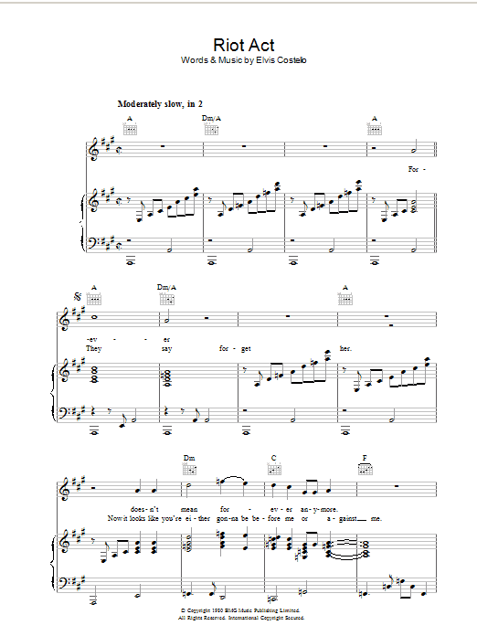 Elvis Costello Riot Act Sheet Music Notes & Chords for Piano, Vocal & Guitar (Right-Hand Melody) - Download or Print PDF