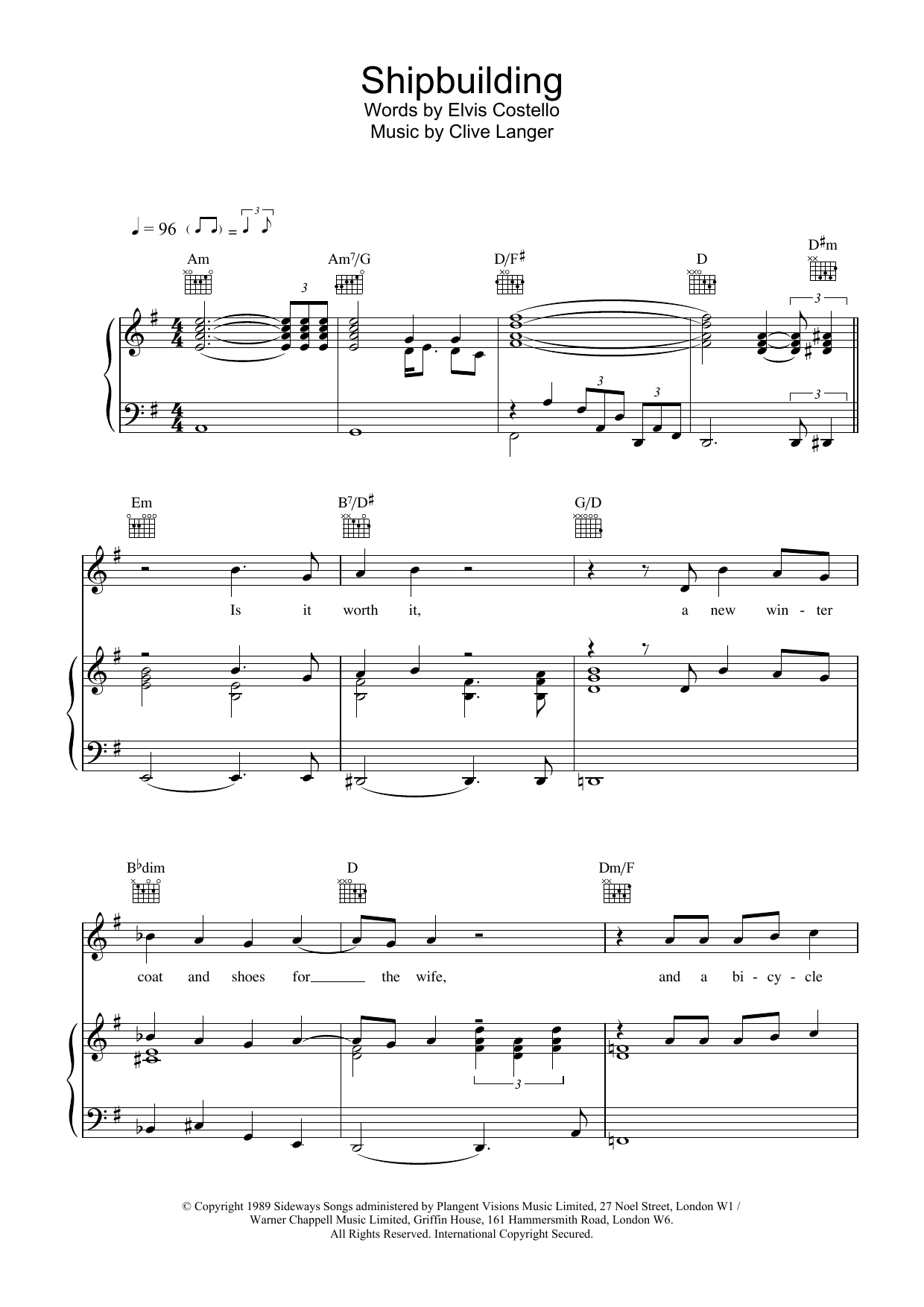 Elvis Costello Shipbuilding Sheet Music Notes & Chords for Piano, Vocal & Guitar (Right-Hand Melody) - Download or Print PDF