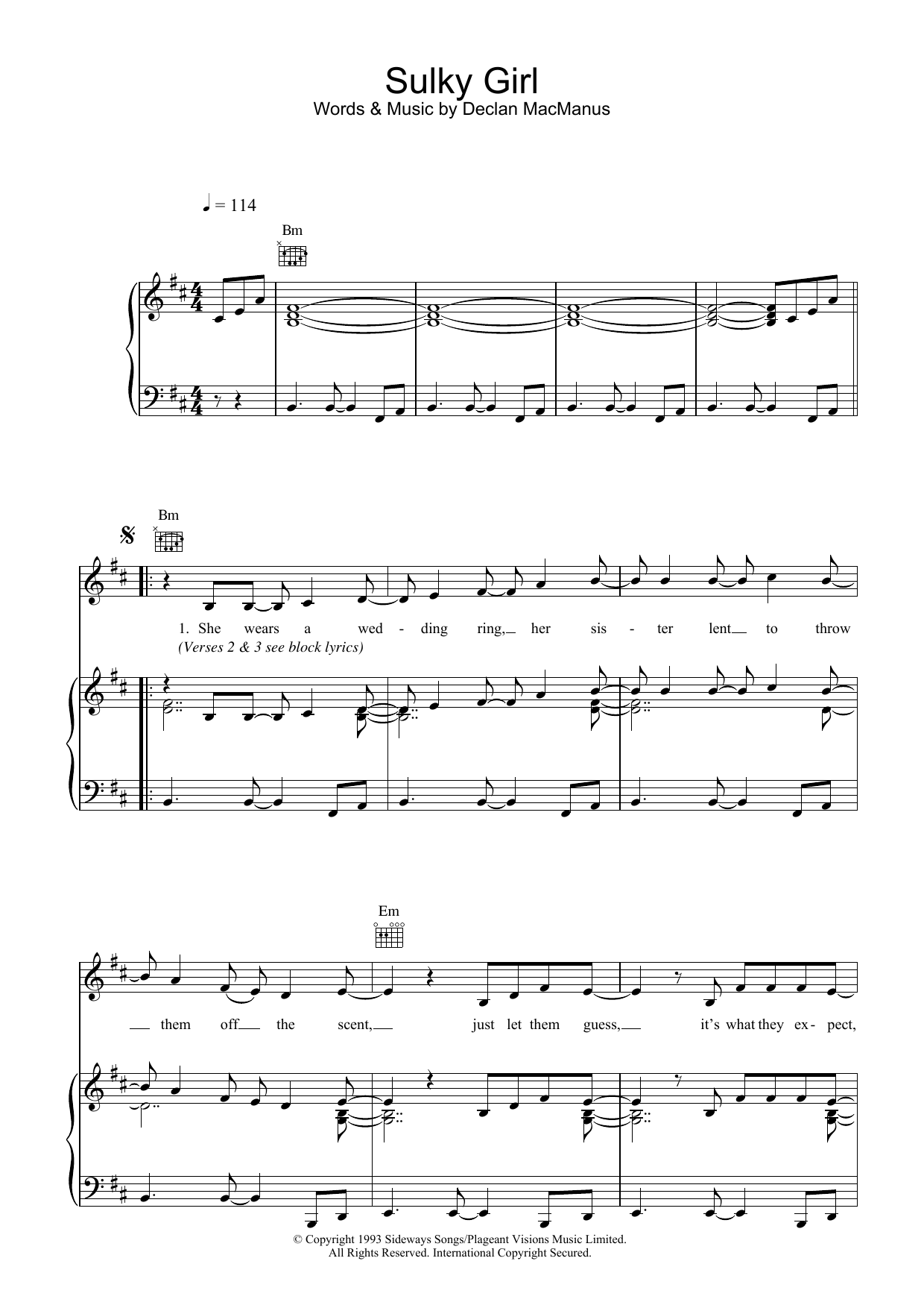 Elvis Costello Sulky Girl Sheet Music Notes & Chords for Piano, Vocal & Guitar (Right-Hand Melody) - Download or Print PDF