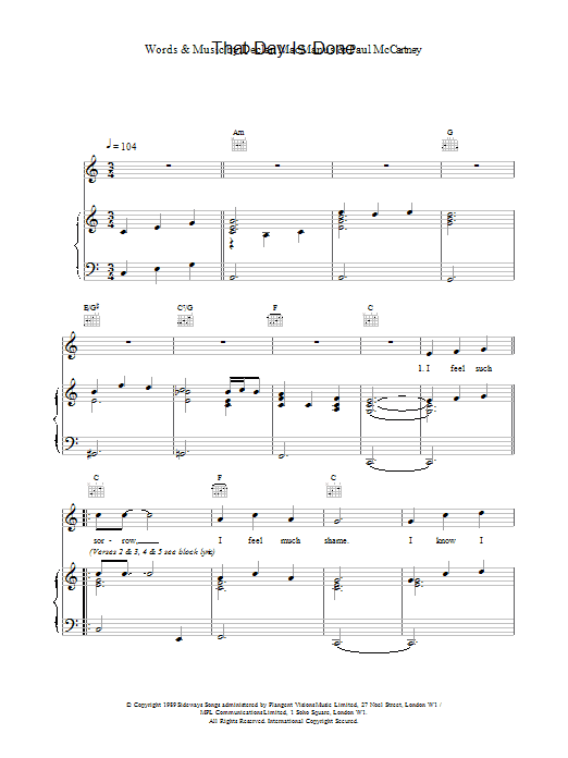 Elvis Costello That Day Is Done Sheet Music Notes & Chords for Piano, Vocal & Guitar (Right-Hand Melody) - Download or Print PDF