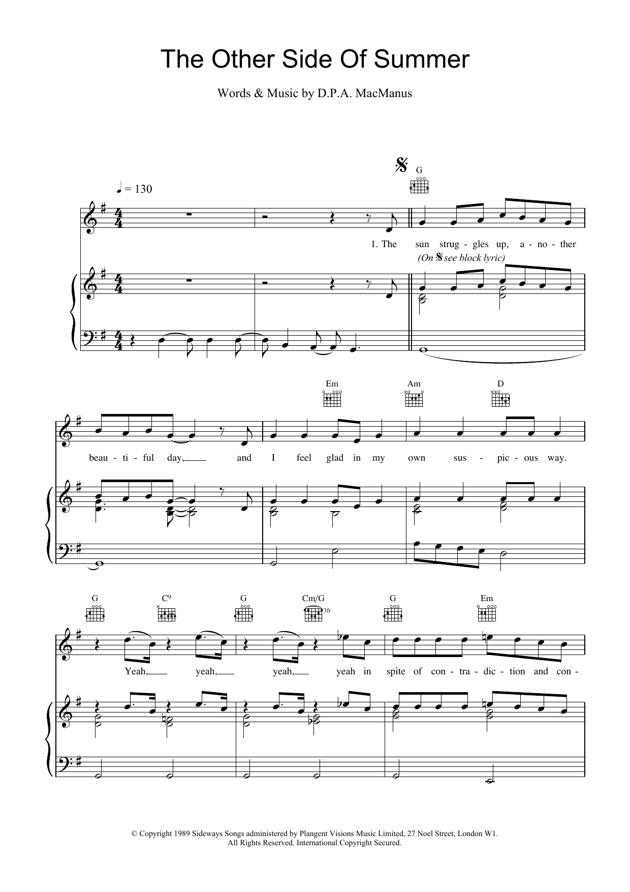 Elvis Costello The Other Side Of Summer Sheet Music Notes & Chords for Piano, Vocal & Guitar (Right-Hand Melody) - Download or Print PDF