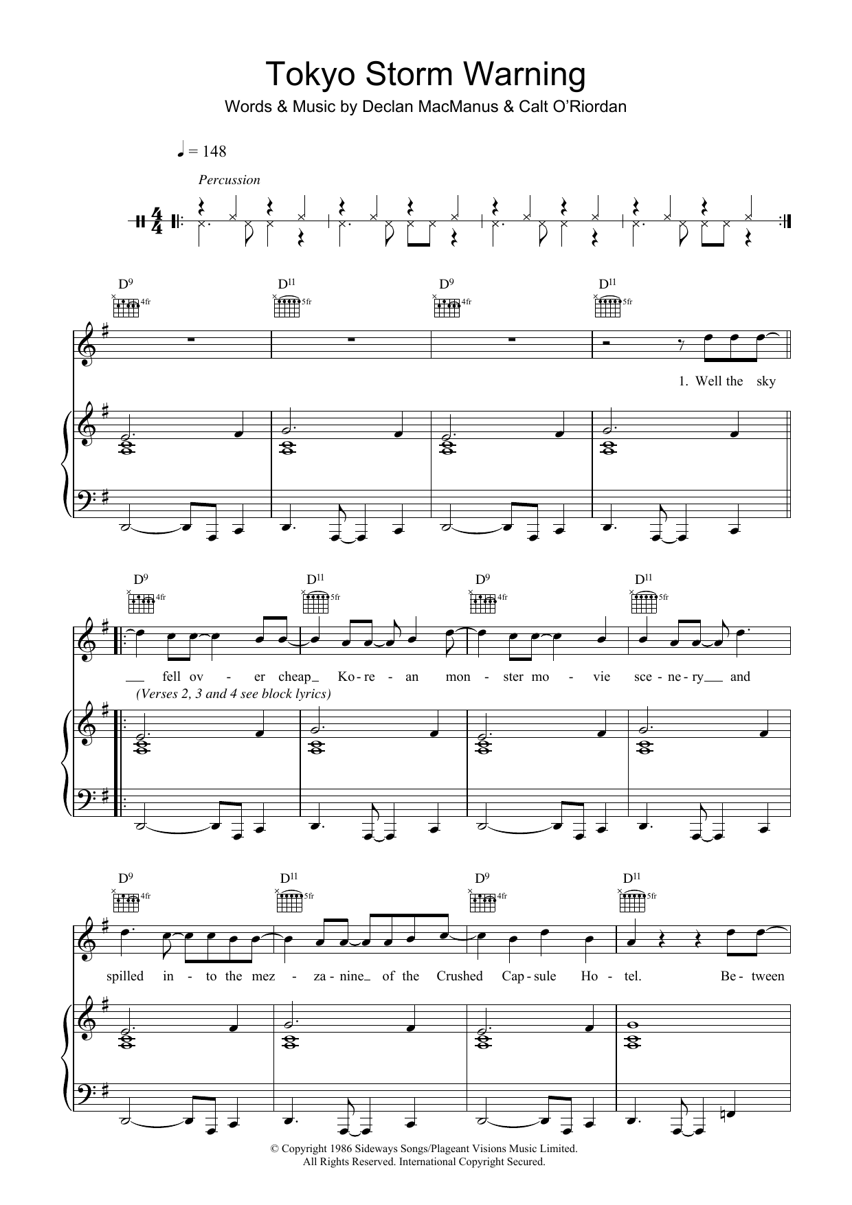 Elvis Costello Tokyo Storm Warning Sheet Music Notes & Chords for Piano, Vocal & Guitar - Download or Print PDF