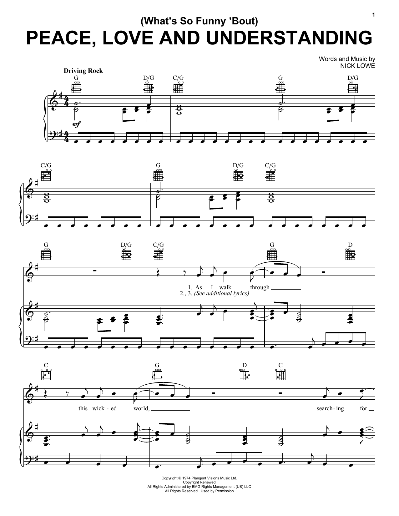 Elvis Costello (What's So Funny 'Bout) Peace, Love And Understanding Sheet Music Notes & Chords for Piano, Vocal & Guitar (Right-Hand Melody) - Download or Print PDF