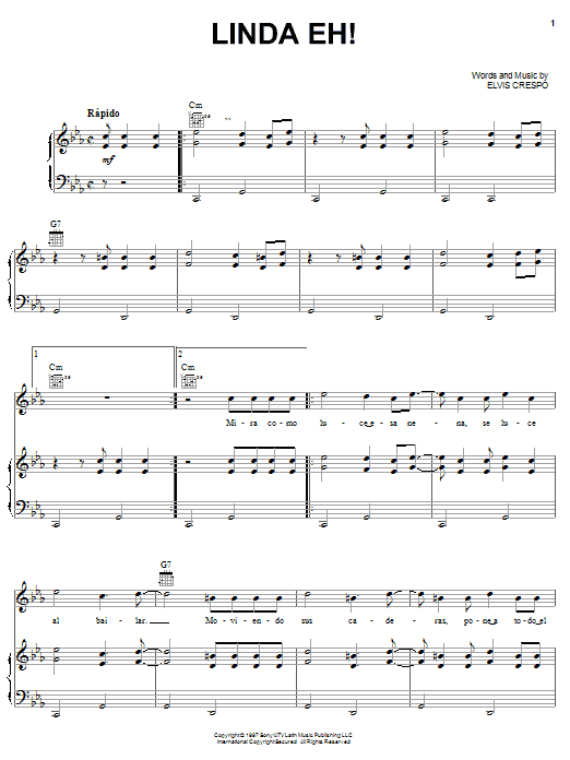 Elvis Crespo Linda Eh! Sheet Music Notes & Chords for Piano, Vocal & Guitar (Right-Hand Melody) - Download or Print PDF