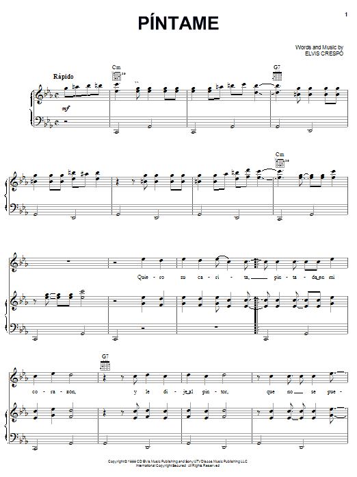 Elvis Crespo Pintame Sheet Music Notes & Chords for Piano, Vocal & Guitar (Right-Hand Melody) - Download or Print PDF Elvis Crespo Pintame Sheet Music Notes & Chords for Piano, Vocal & Guitar (Right-Hand Melody) - Download or Print PDF