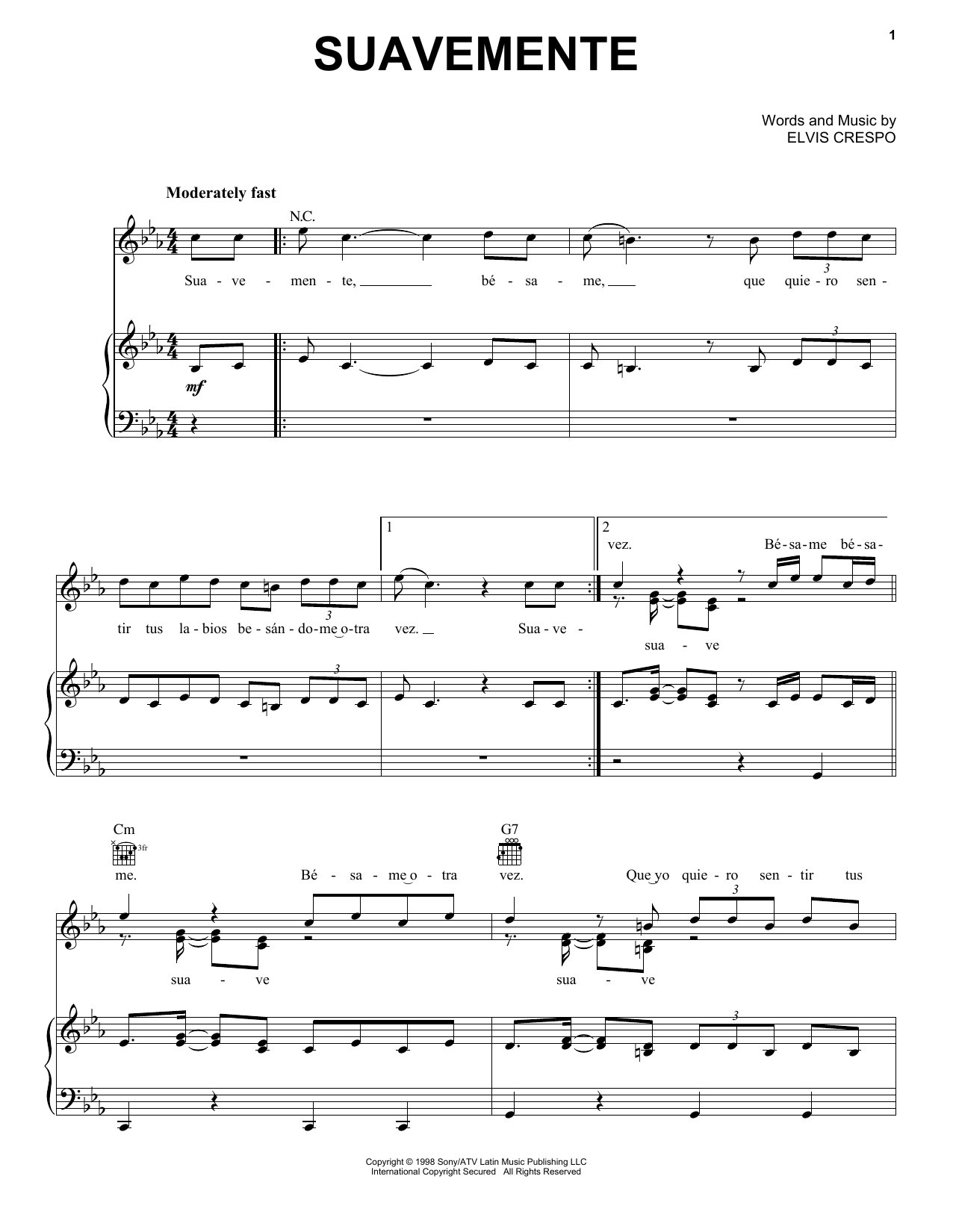 Elvis Crespo Suavemente Sheet Music Notes & Chords for Piano, Vocal & Guitar (Right-Hand Melody) - Download or Print PDF