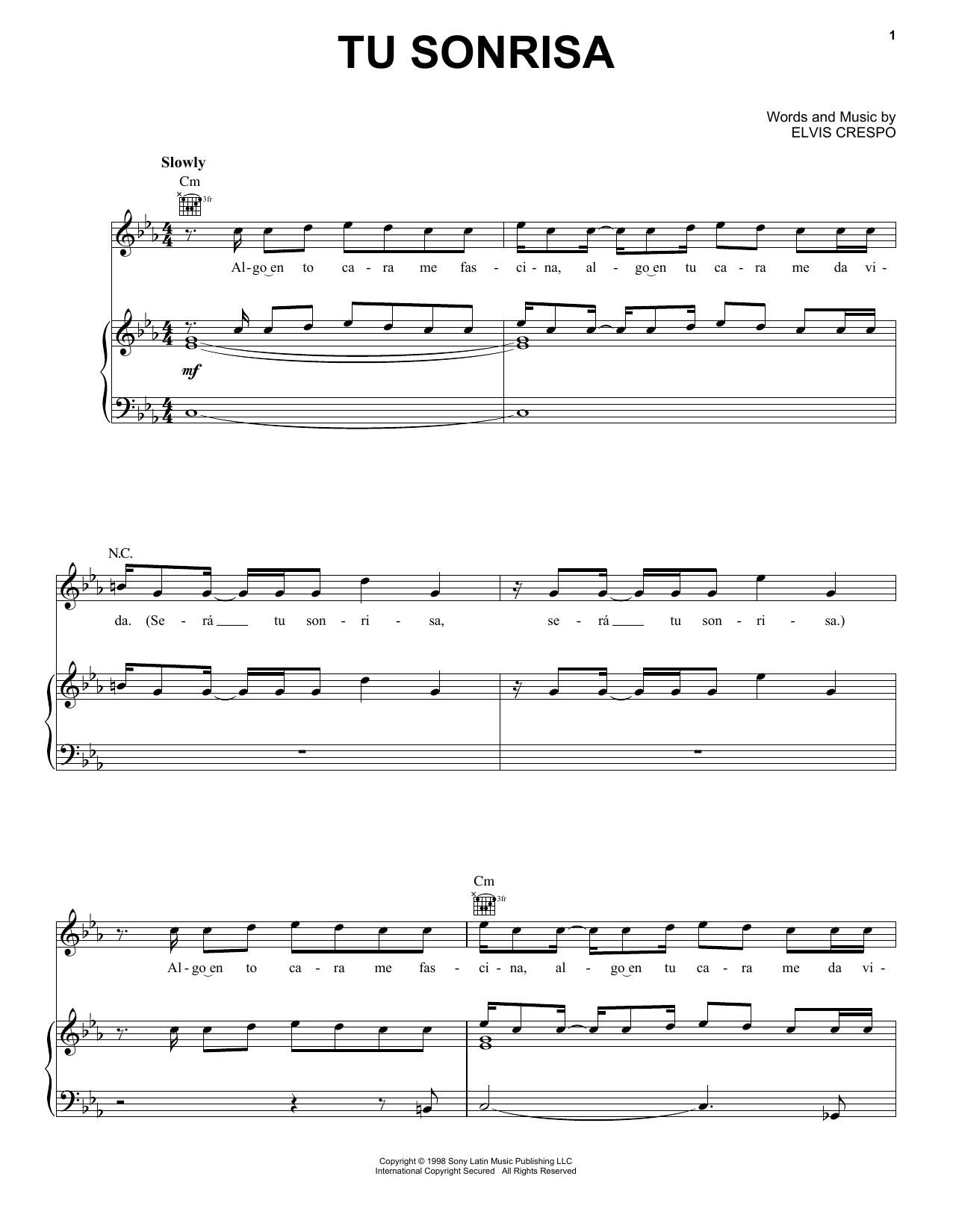 Elvis Crespo Tu Sonrisa Sheet Music Notes & Chords for Piano, Vocal & Guitar Chords (Right-Hand Melody) - Download or Print PDF