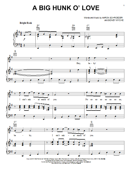 Elvis Presley A Big Hunk O' Love Sheet Music Notes & Chords for Easy Piano - Download or Print PDF