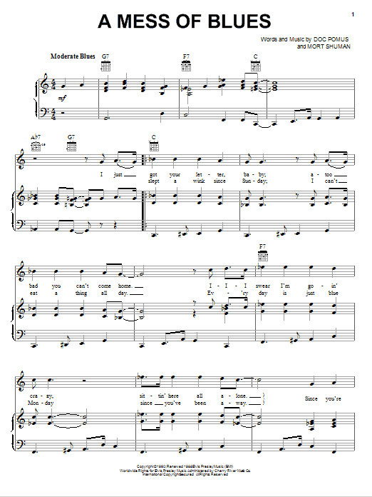 Elvis Presley A Mess Of Blues Sheet Music Notes & Chords for Lyrics & Chords - Download or Print PDF