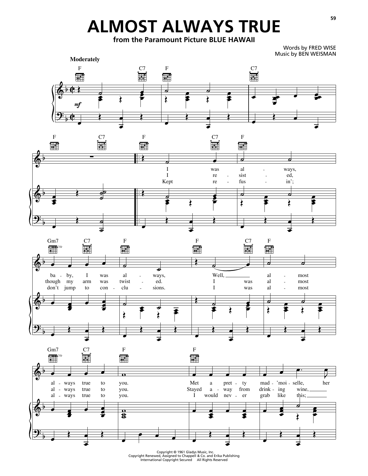 Elvis Presley Almost Always True Sheet Music Notes & Chords for Piano, Vocal & Guitar Chords (Right-Hand Melody) - Download or Print PDF Elvis Presley Almost Always True Sheet Music Notes & Chords for Piano, Vocal & Guitar Chords (Right-Hand Melody) - Download or Print PDF