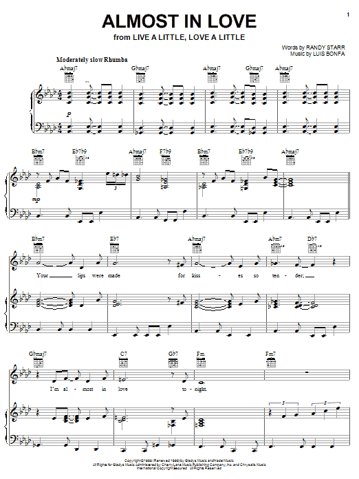 Elvis Presley Almost In Love Sheet Music Notes & Chords for Piano, Vocal & Guitar (Right-Hand Melody) - Download or Print PDF