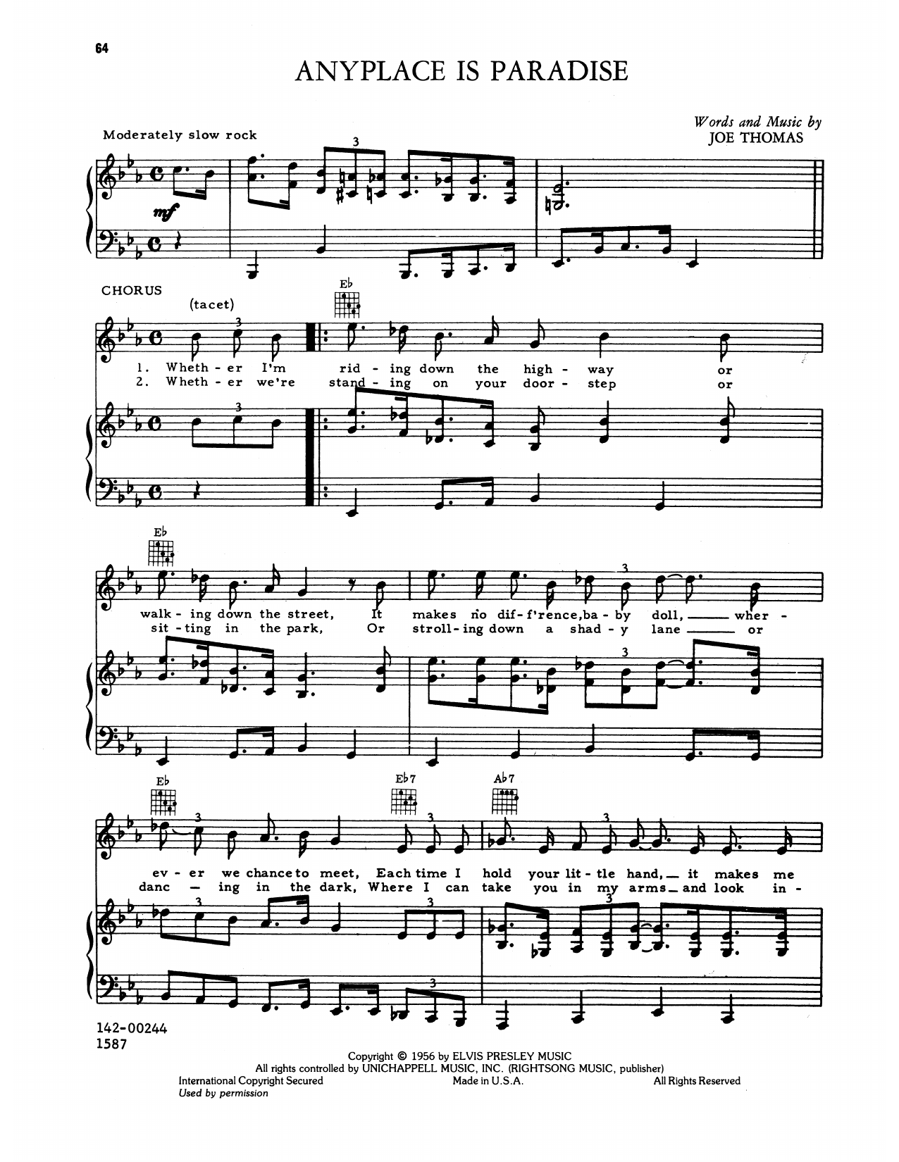 Elvis Presley Any Place Is Paradise Sheet Music Notes & Chords for Piano, Vocal & Guitar Chords (Right-Hand Melody) - Download or Print PDF Elvis Presley Any Place Is Paradise Sheet Music Notes & Chords for Piano, Vocal & Guitar Chords (Right-Hand Melody) - Download or Print PDF
