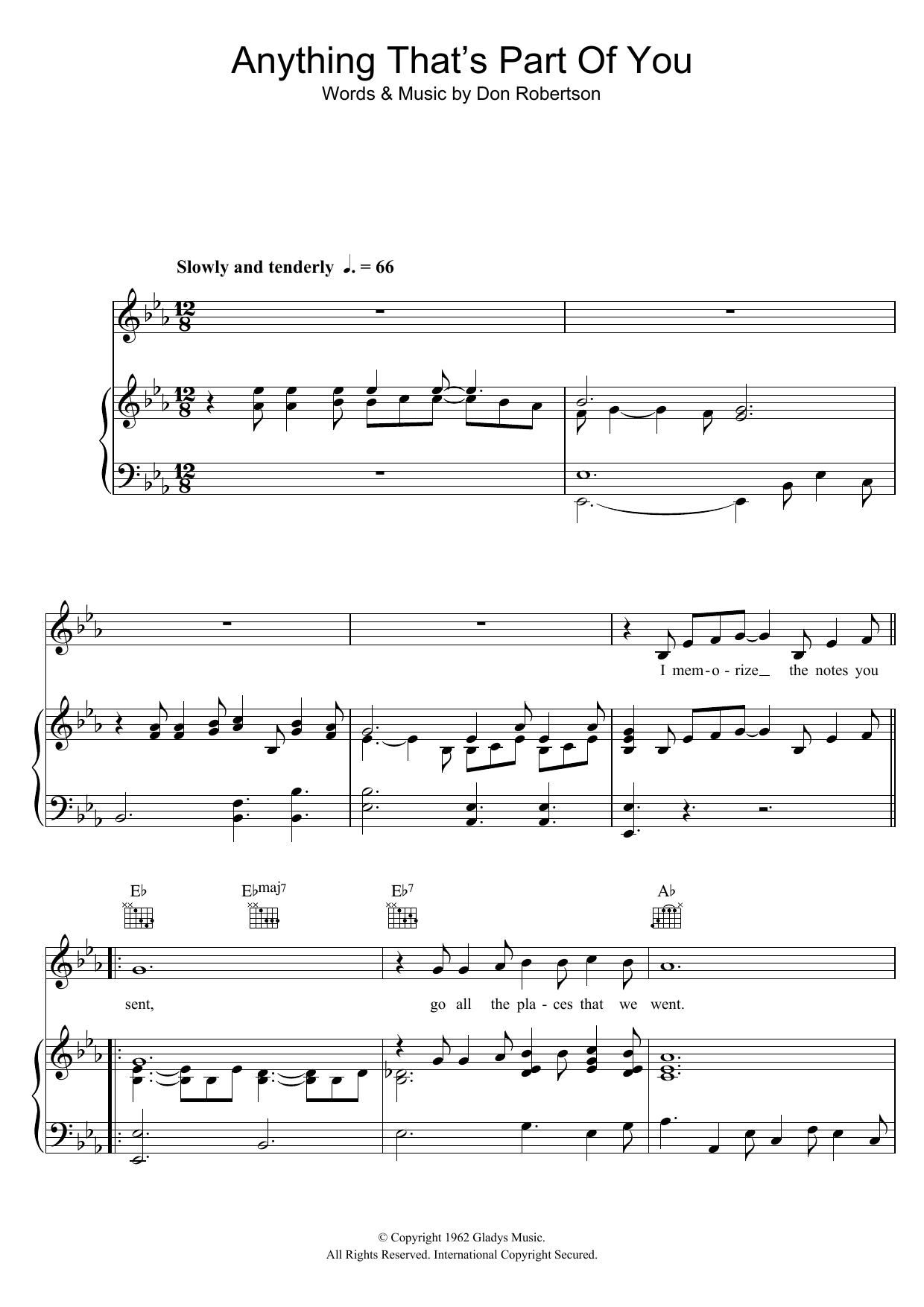 Elvis Presley Anything That's Part Of You Sheet Music Notes & Chords for Piano, Vocal & Guitar (Right-Hand Melody) - Download or Print PDF