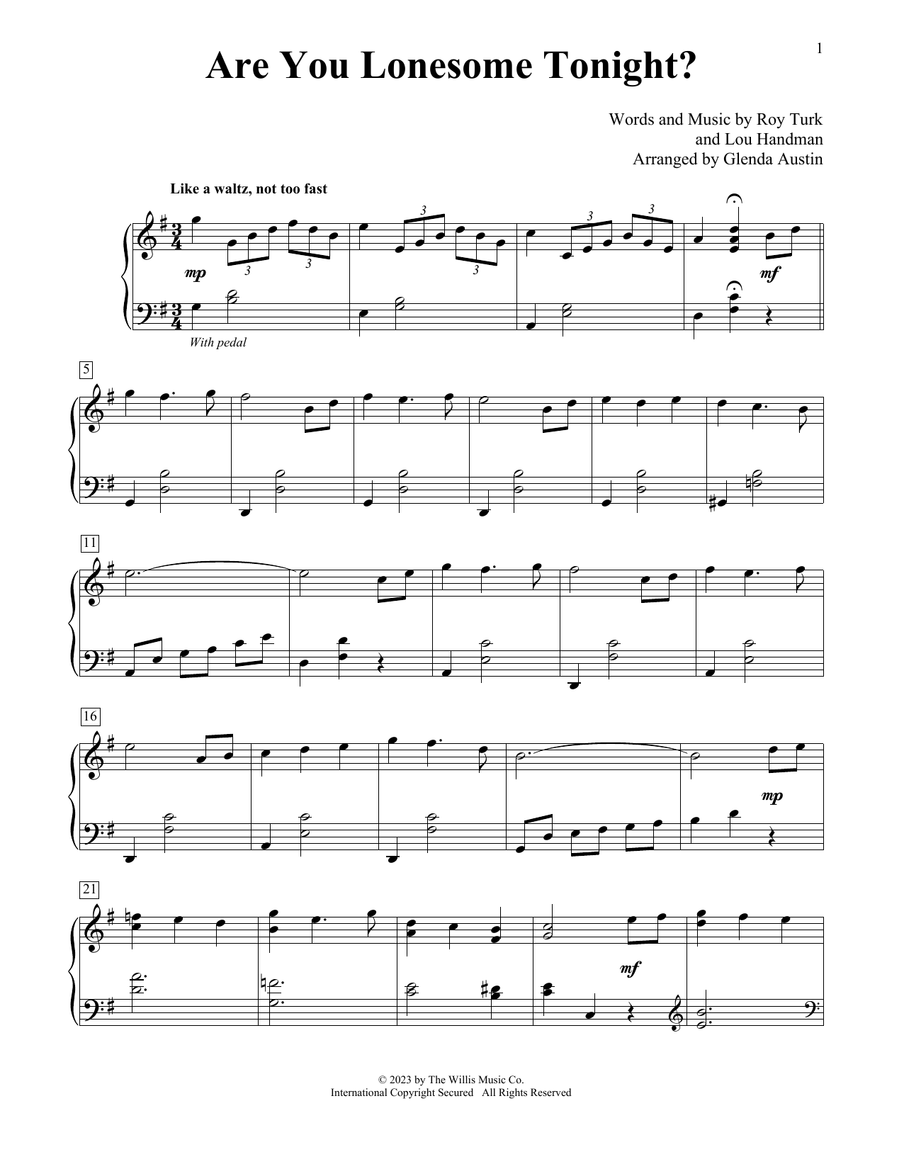 Elvis Presley Are You Lonesome Tonight? (arr. Glenda Austin) Sheet Music Notes & Chords for Educational Piano - Download or Print PDF