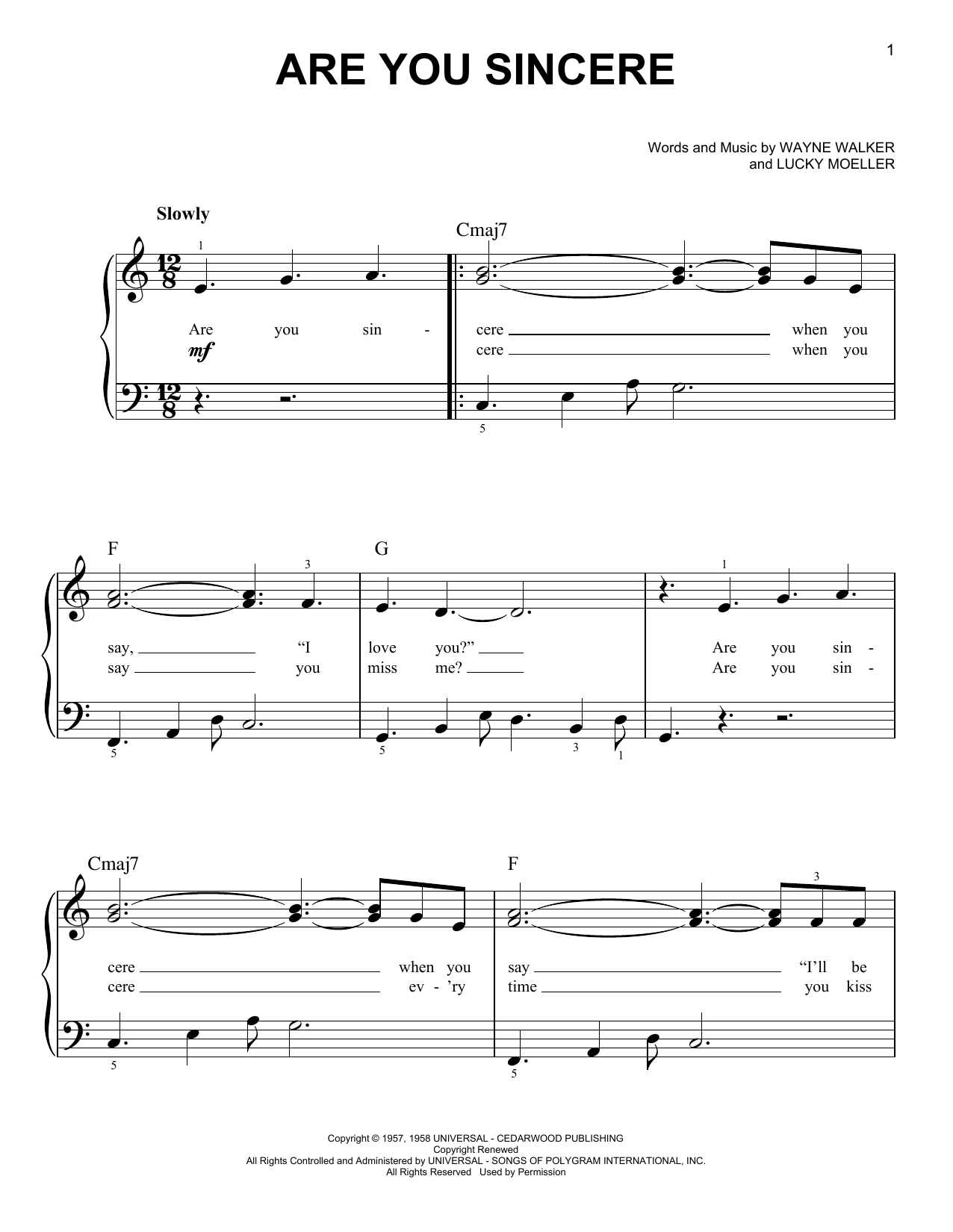 Elvis Presley Are You Sincere Sheet Music Notes & Chords for Easy Piano - Download or Print PDF