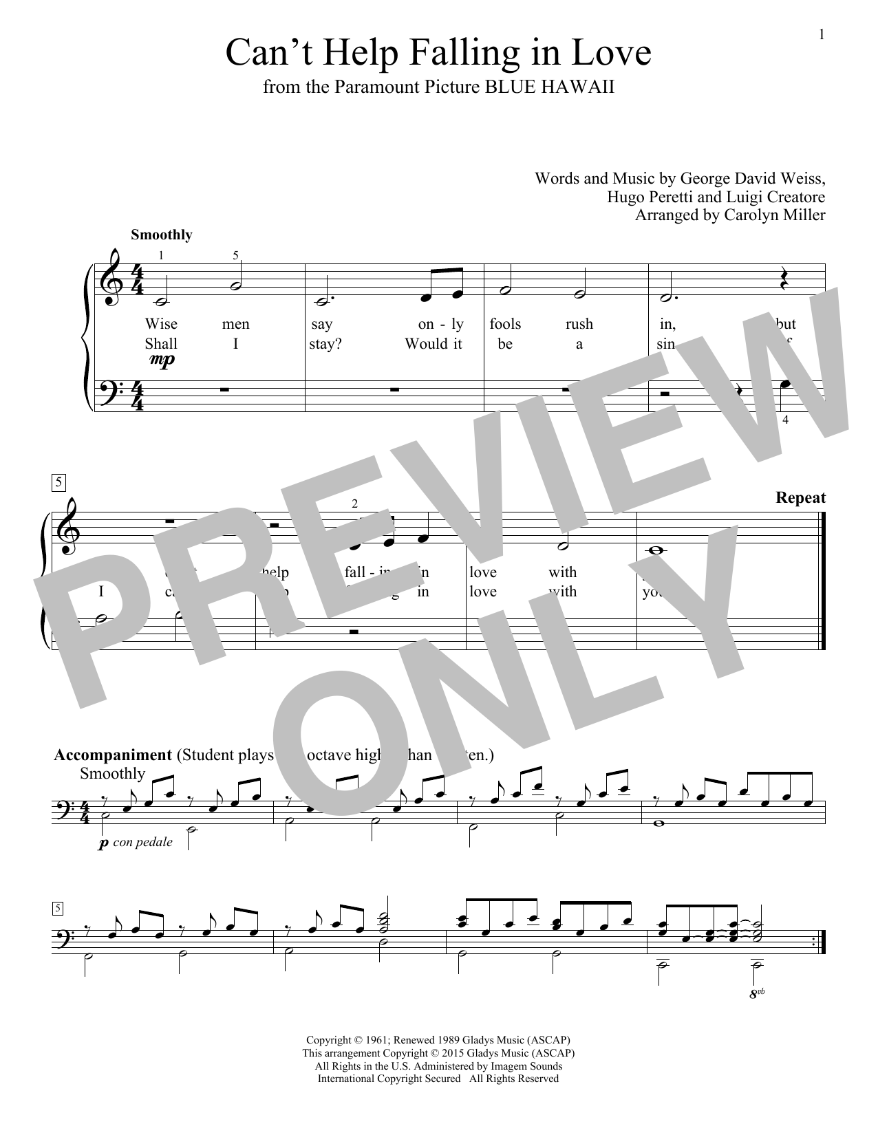 Elvis Presley (Arr. Carolyn Miller) Can't Help Falling In Love Sheet Music Notes & Chords for Educational Piano - Download or Print PDF