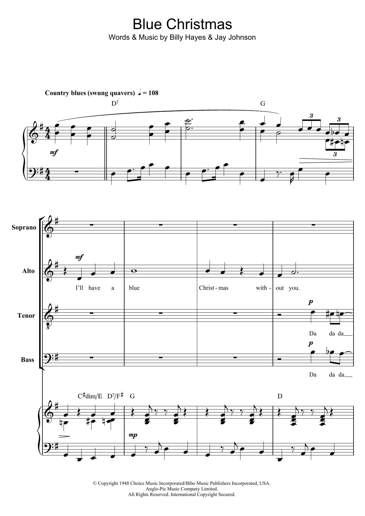 Elvis Presley Blue Christmas (arr. Berty Rice) Sheet Music Notes & Chords for SATB - Download or Print PDF