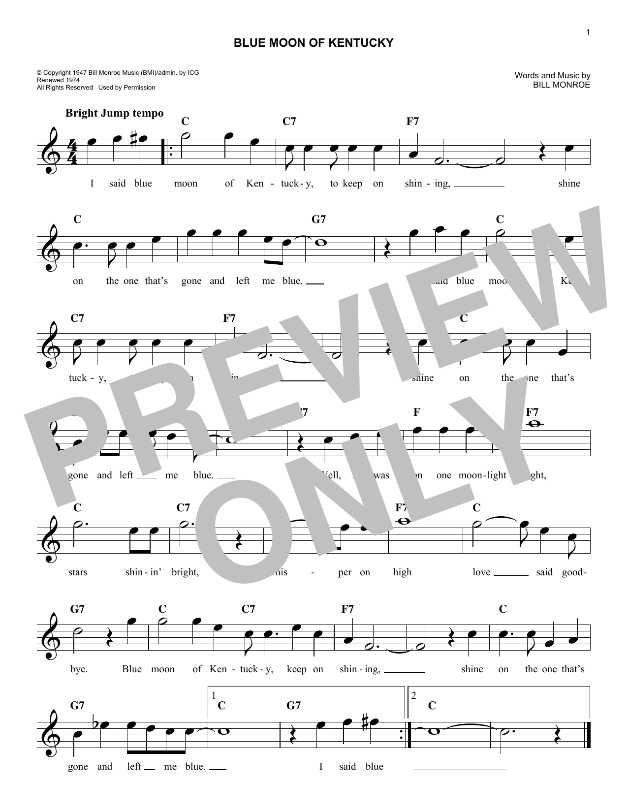 Elvis Presley Blue Moon Of Kentucky Sheet Music Notes & Chords for Melody Line, Lyrics & Chords - Download or Print PDF