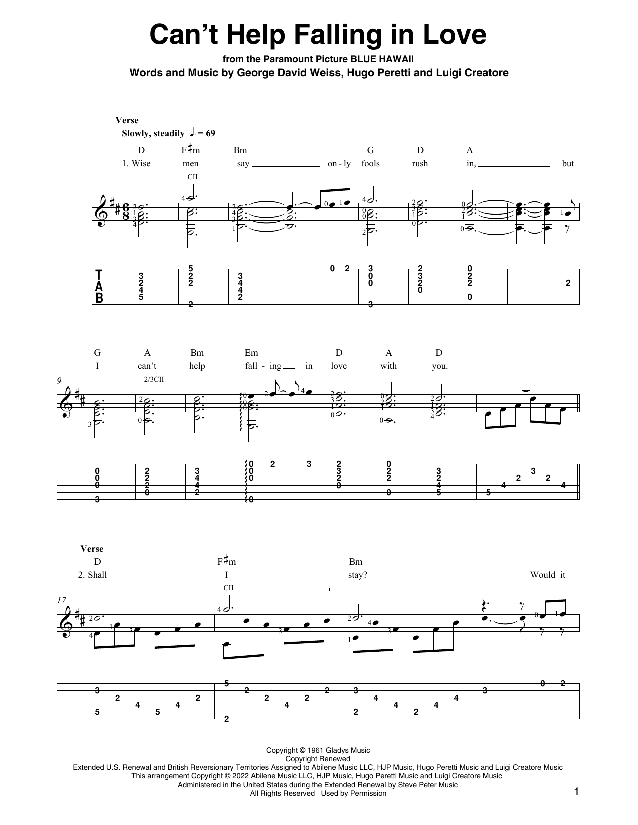 Elvis Presley Can't Help Falling In Love (arr. Ben Pila) Sheet Music Notes & Chords for Solo Guitar - Download or Print PDF