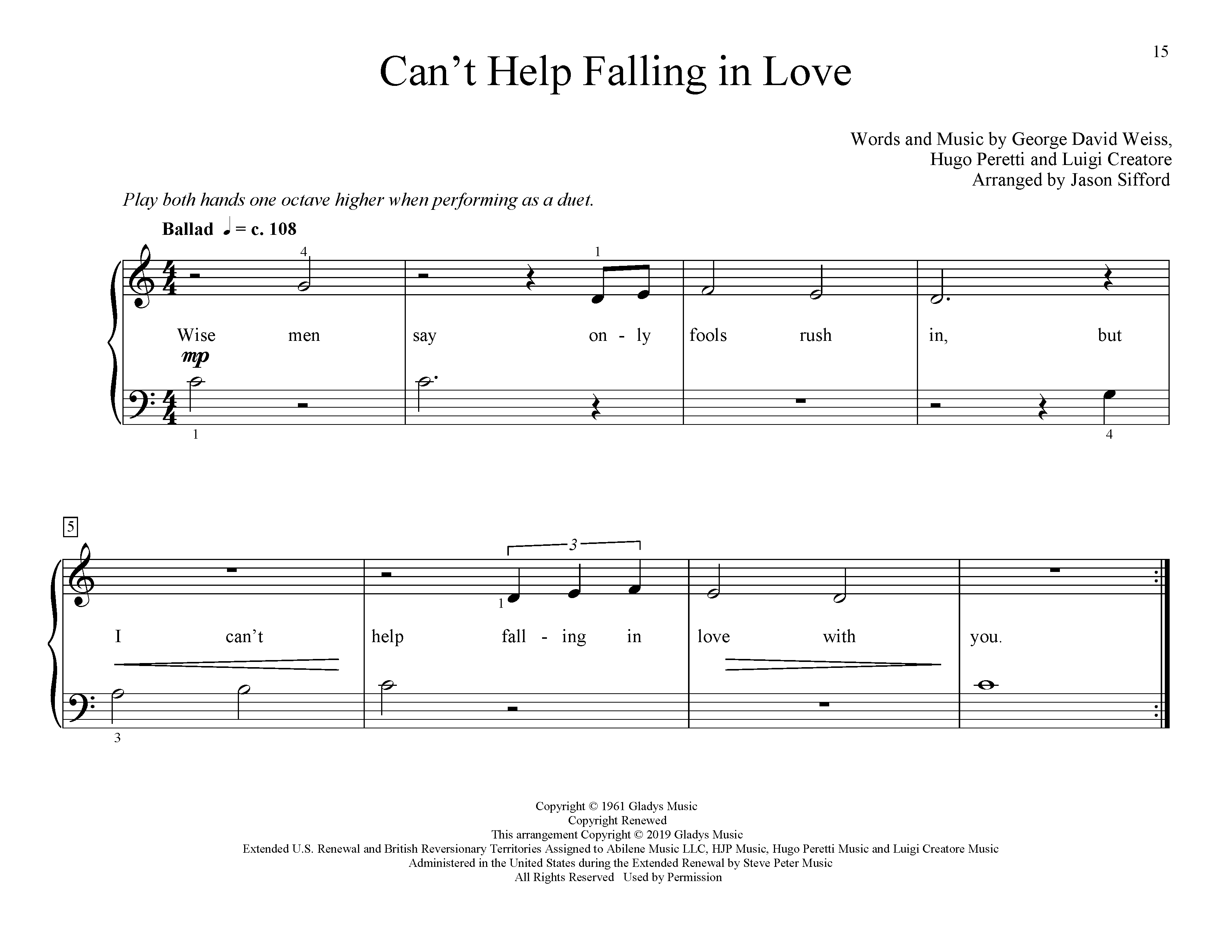 Elvis Presley Can't Help Falling In Love (arr. Jason Sifford) Sheet Music Notes & Chords for Educational Piano - Download or Print PDF