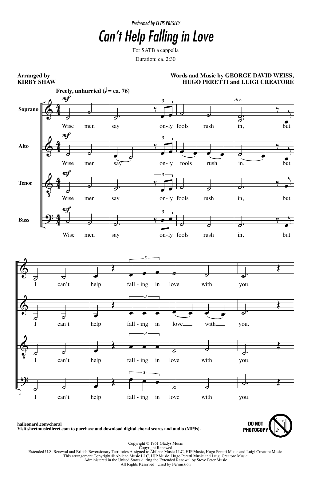 Elvis Presley Can't Help Falling In Love (arr. Kirby Shaw) Sheet Music Notes & Chords for SATB Choir - Download or Print PDF