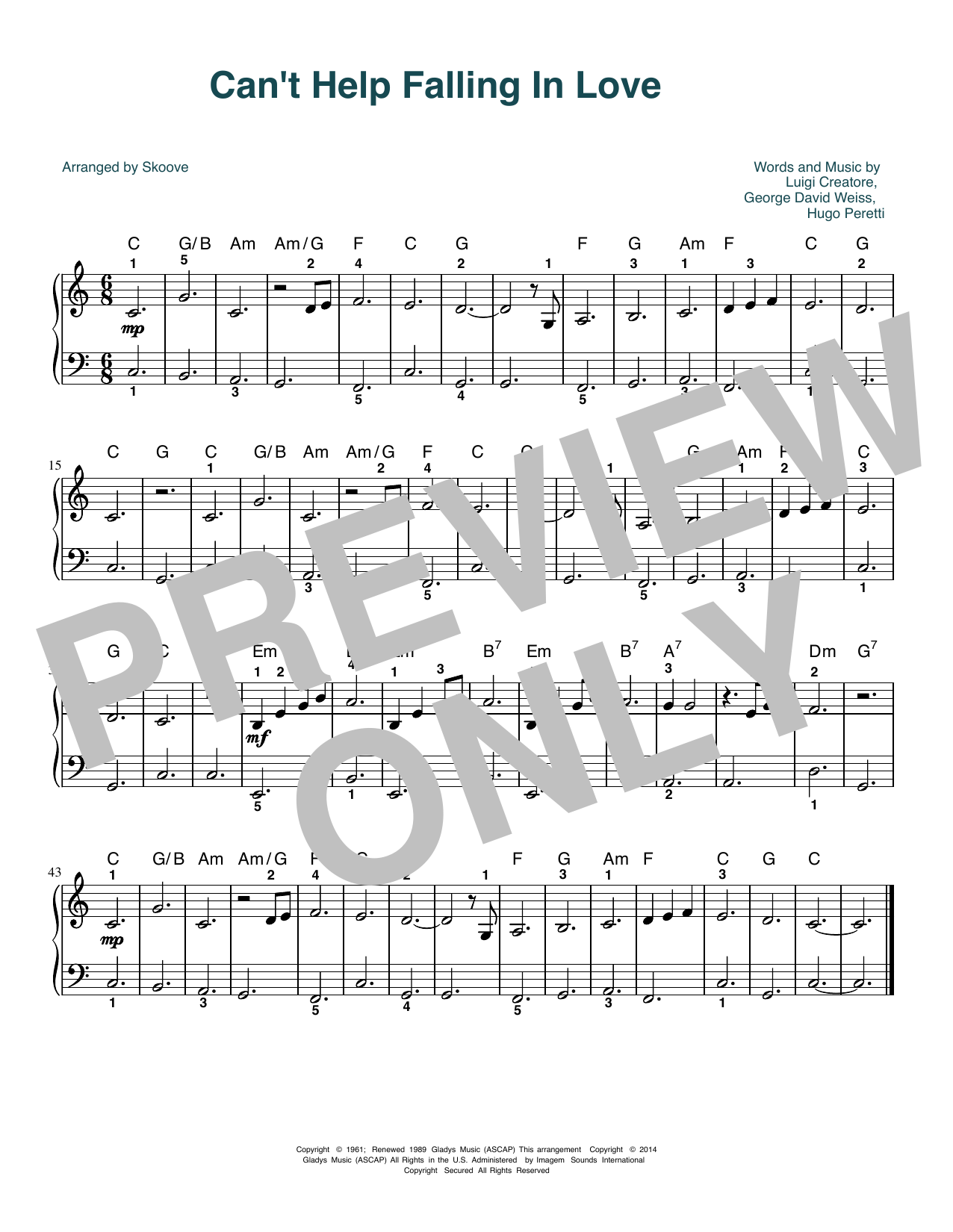 Elvis Presley Can't Help Falling In Love (arr. Skoove) Sheet Music Notes & Chords for Easy Piano - Download or Print PDF