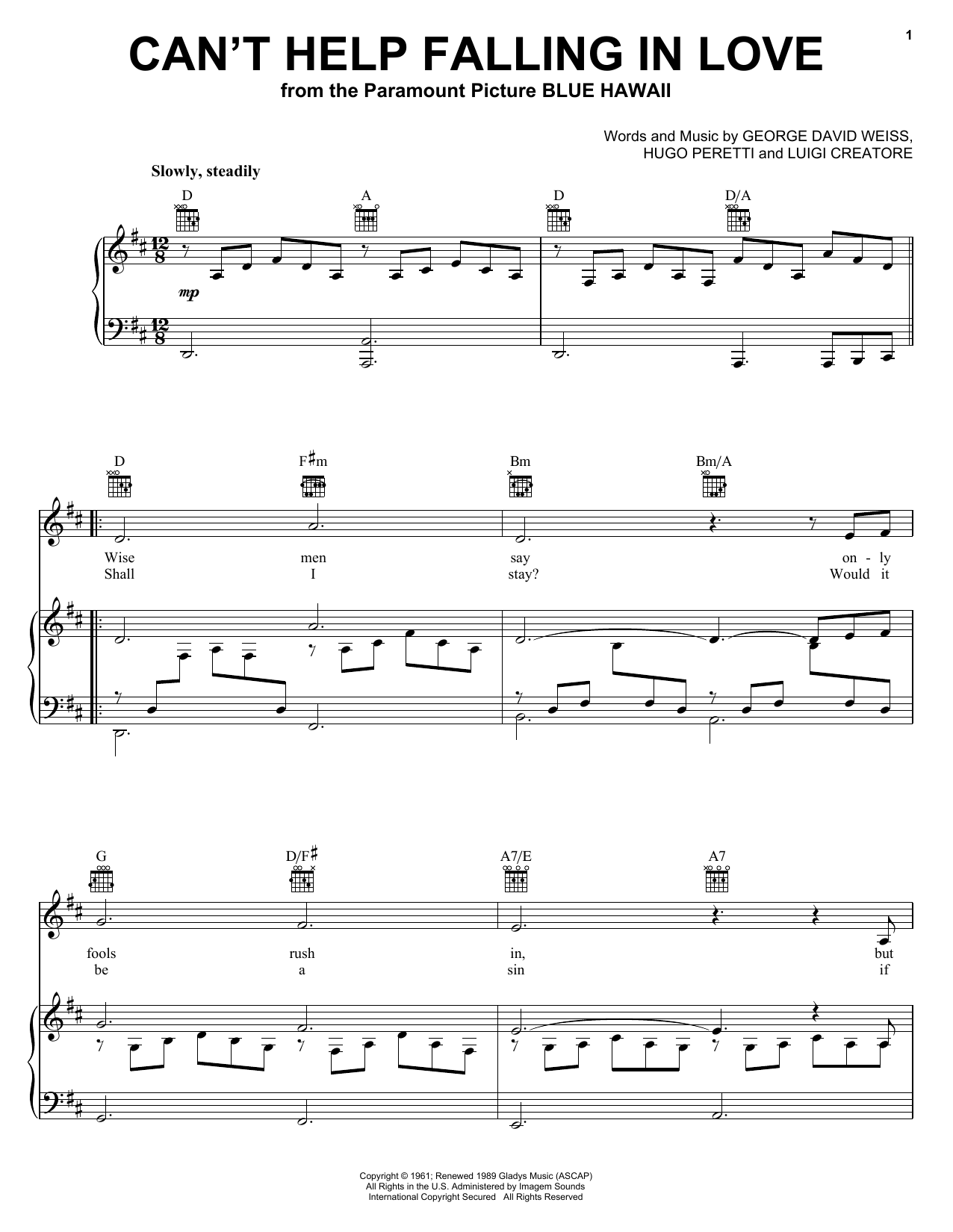 Elvis Presley Can't Help Falling In Love Sheet Music Notes & Chords for VLNDT - Download or Print PDF