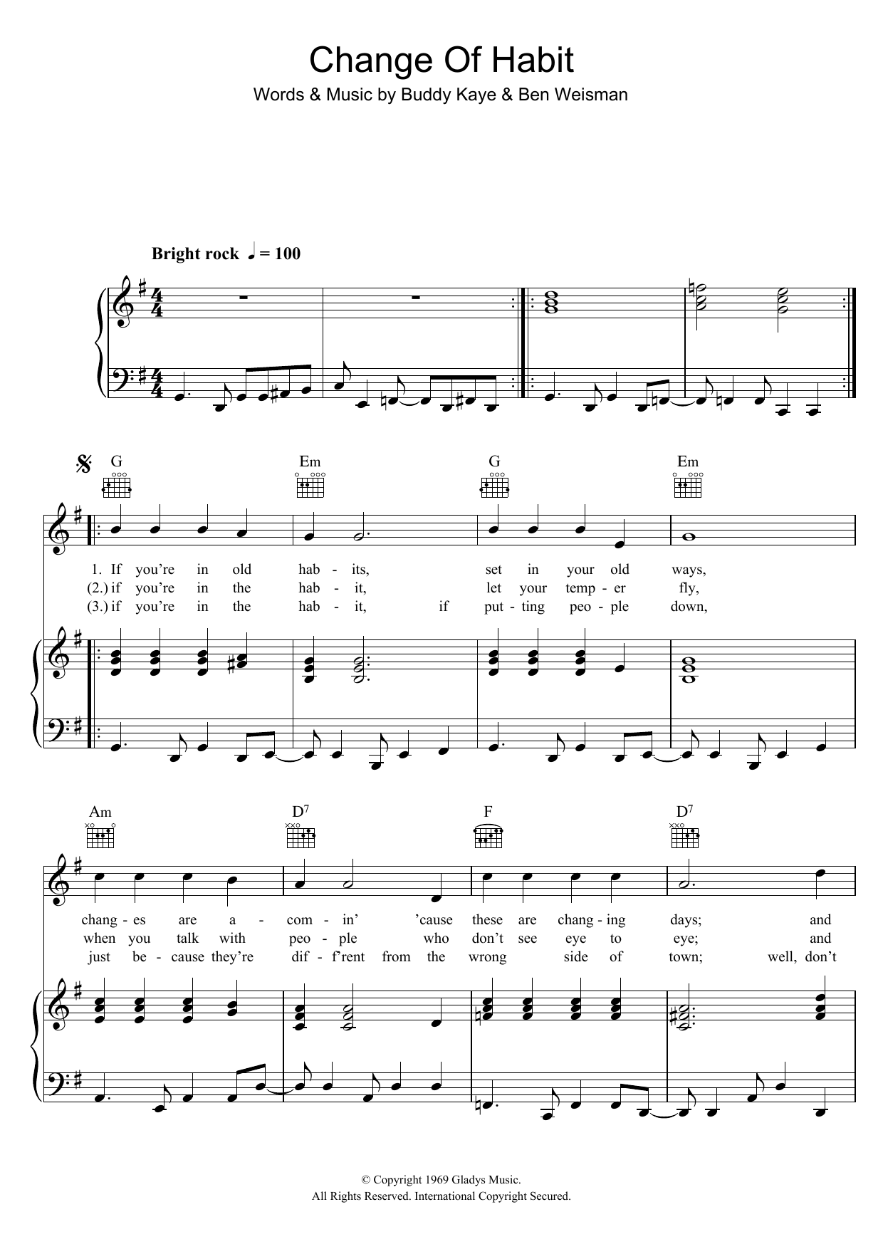 Elvis Presley Change Of Habit Sheet Music Notes & Chords for Piano, Vocal & Guitar (Right-Hand Melody) - Download or Print PDF