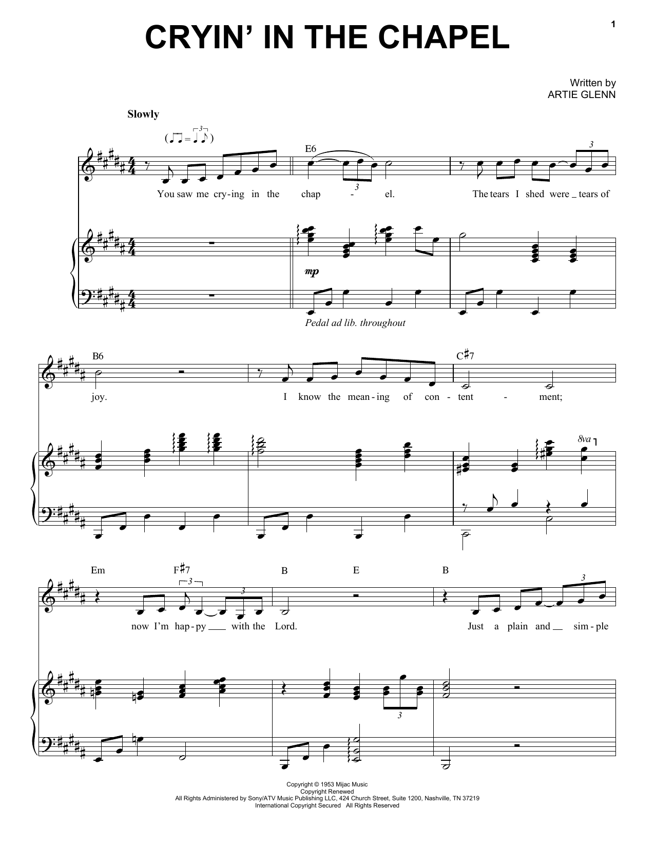 Elvis Presley Cryin' In The Chapel Sheet Music Notes & Chords for Melody Line, Lyrics & Chords - Download or Print PDF