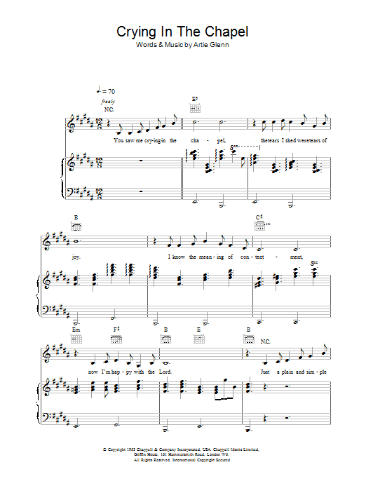 Elvis Presley Crying In The Chapel Sheet Music Notes & Chords for Easy Piano - Download or Print PDF